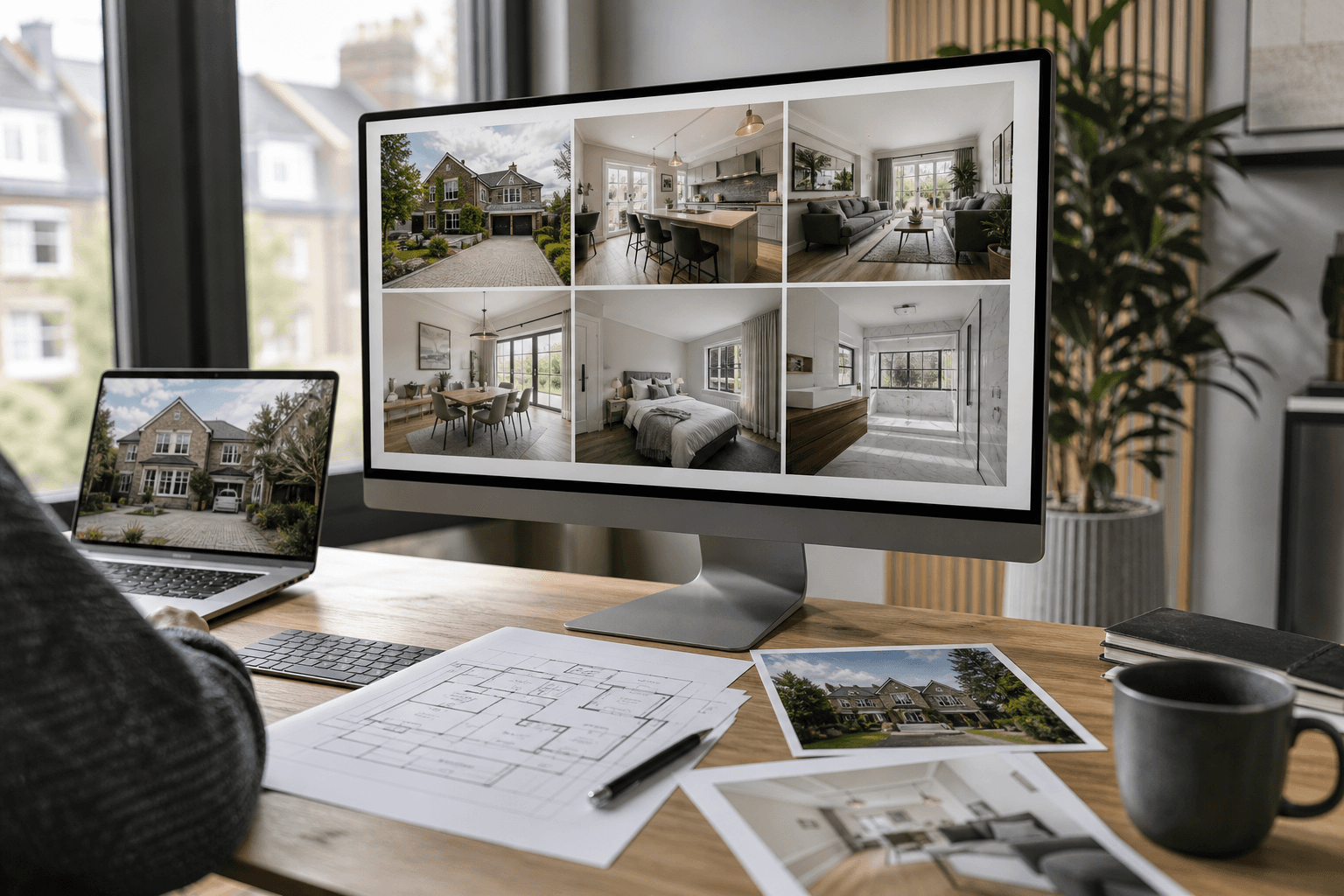 Estate agent desk with listing photos, floor plan and monitor showing a property gallery