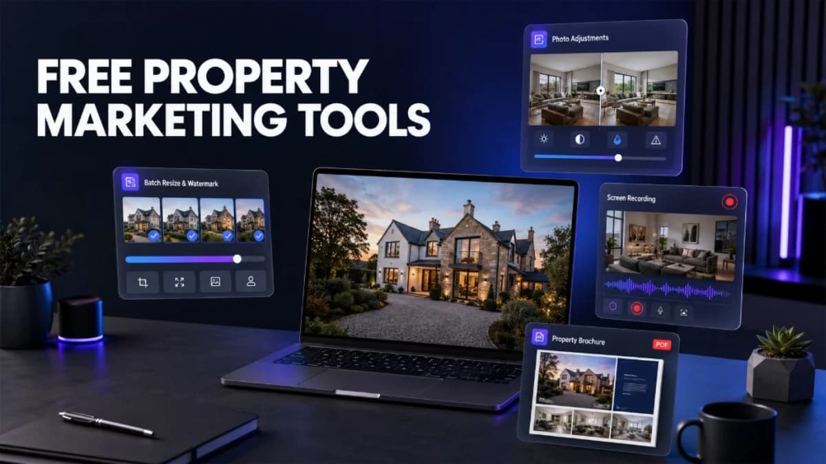 Laptop showing a property listing with floating UI panels for photo adjustments, batch resize, screen recording and property brochure tools