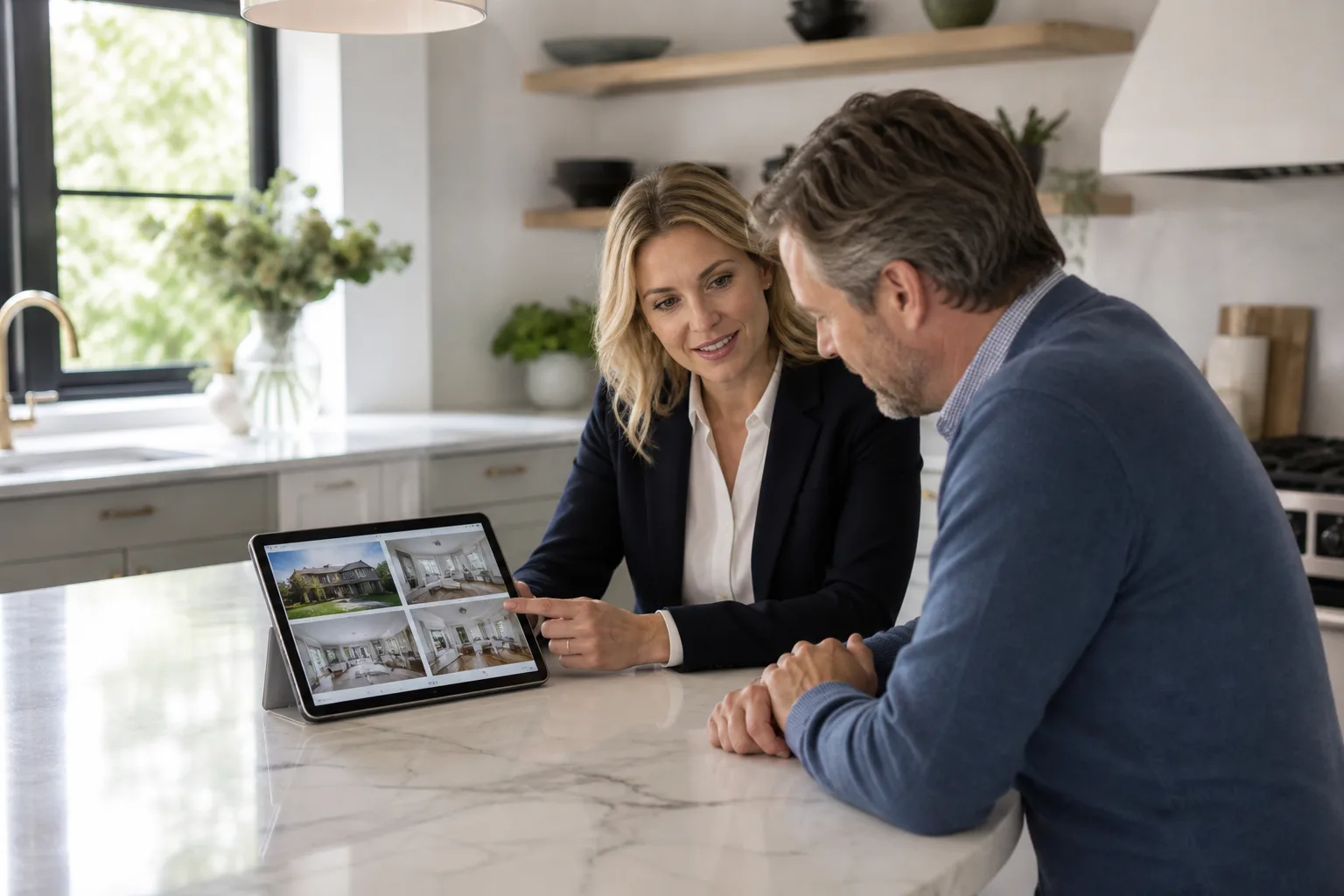 Estate agent appraisal meeting at a kitchen island with a tablet showing a polished property media presentation
