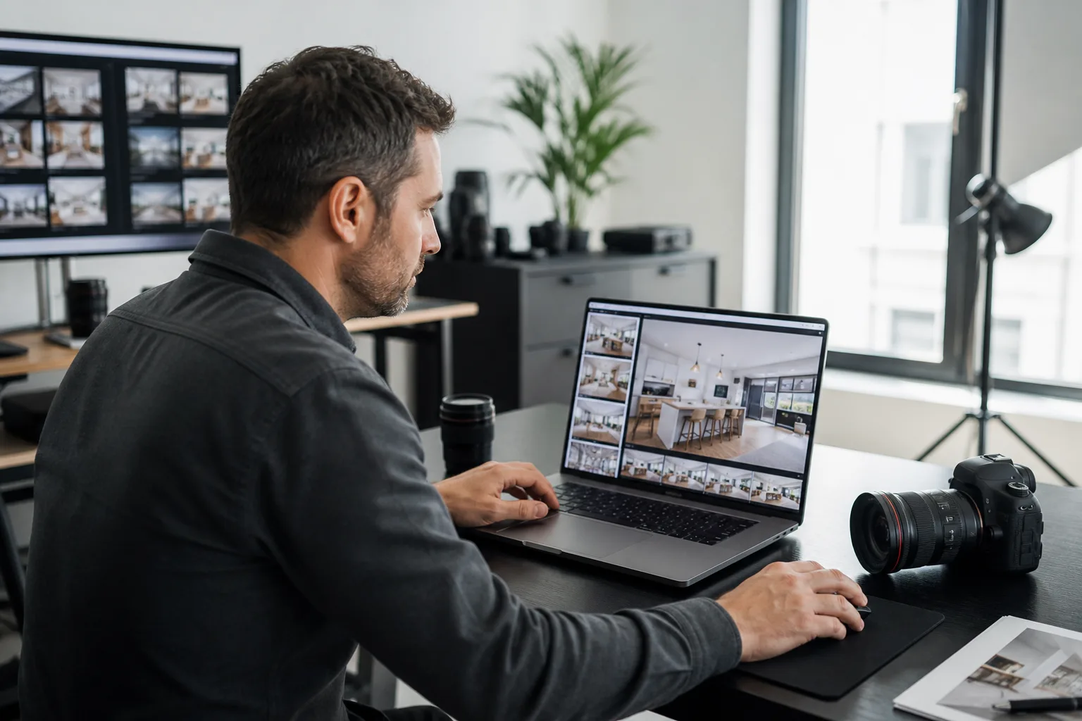 Professional property photographer reviewing edited listing images on a laptop in a bright studio setting