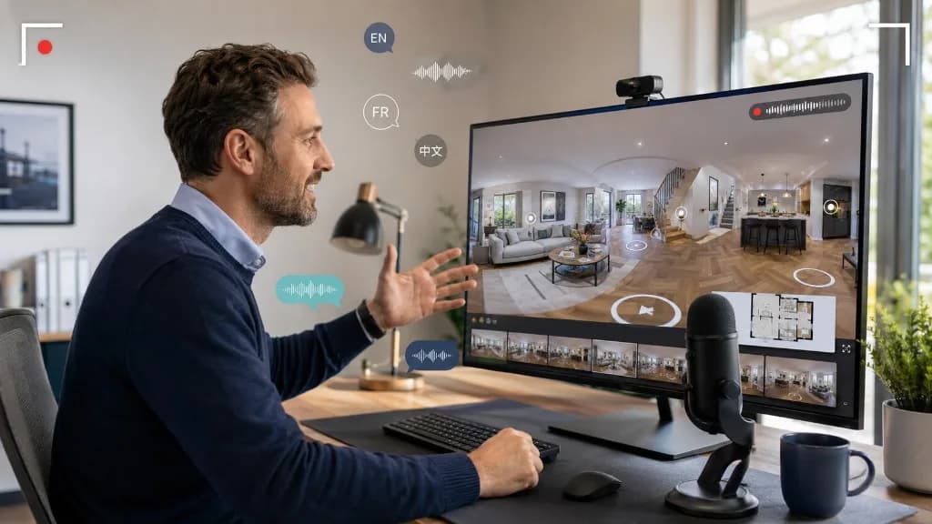 Estate agent recording a guided 360° property tour at a desk, with a virtual tour on screen, microphone, webcam and multilingual narration overlays
