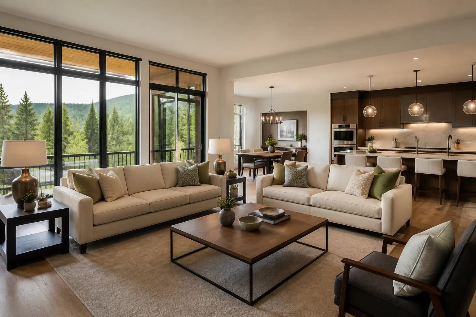 Modern living room still used as the opening frame of a cinematic property listing video sequence