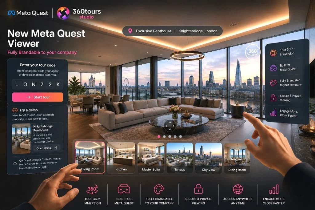 Meta Quest VR viewer showing an immersive tour of a luxury London penthouse