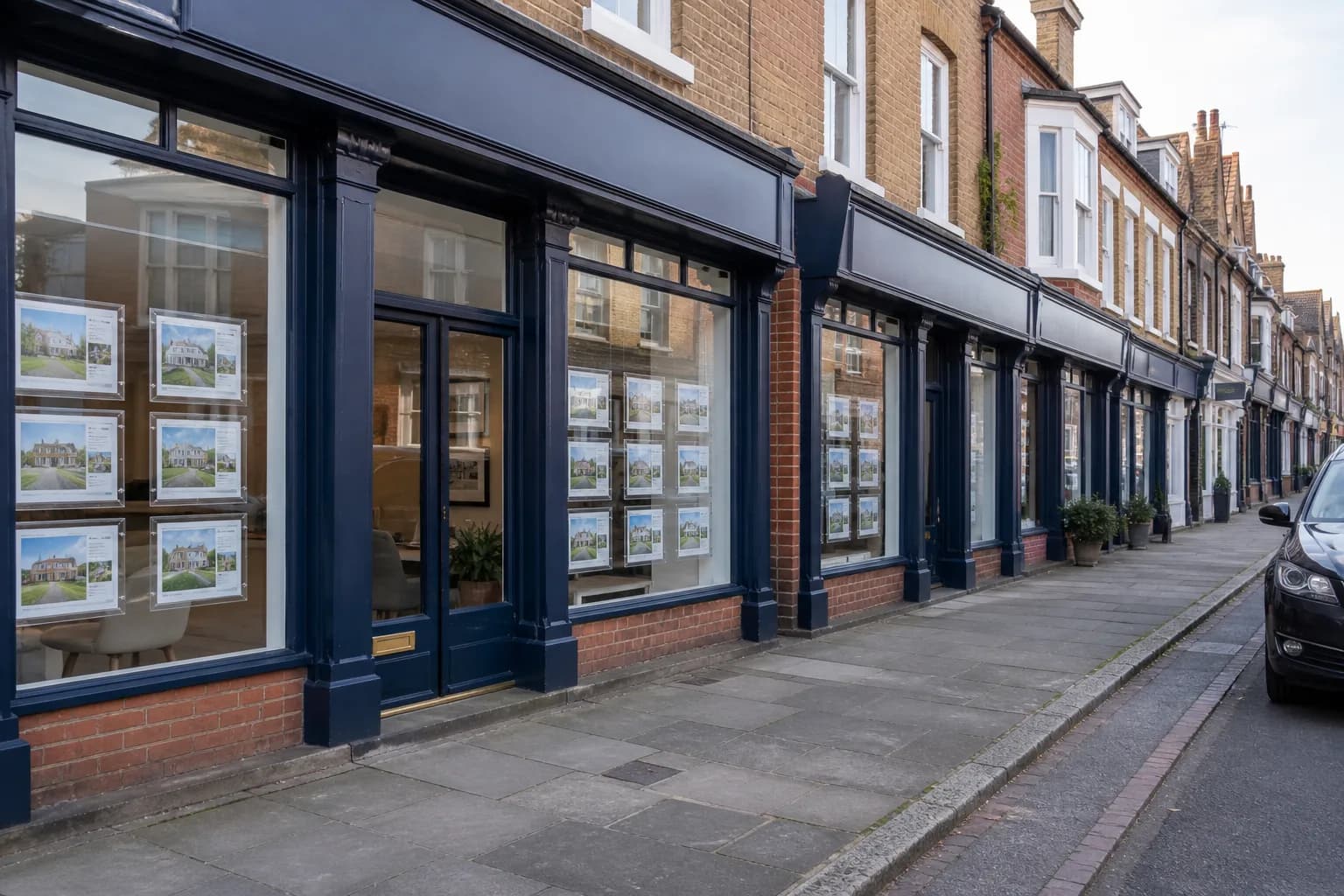 Consistent row of UK high-street estate agency windows with matching property marketing displays