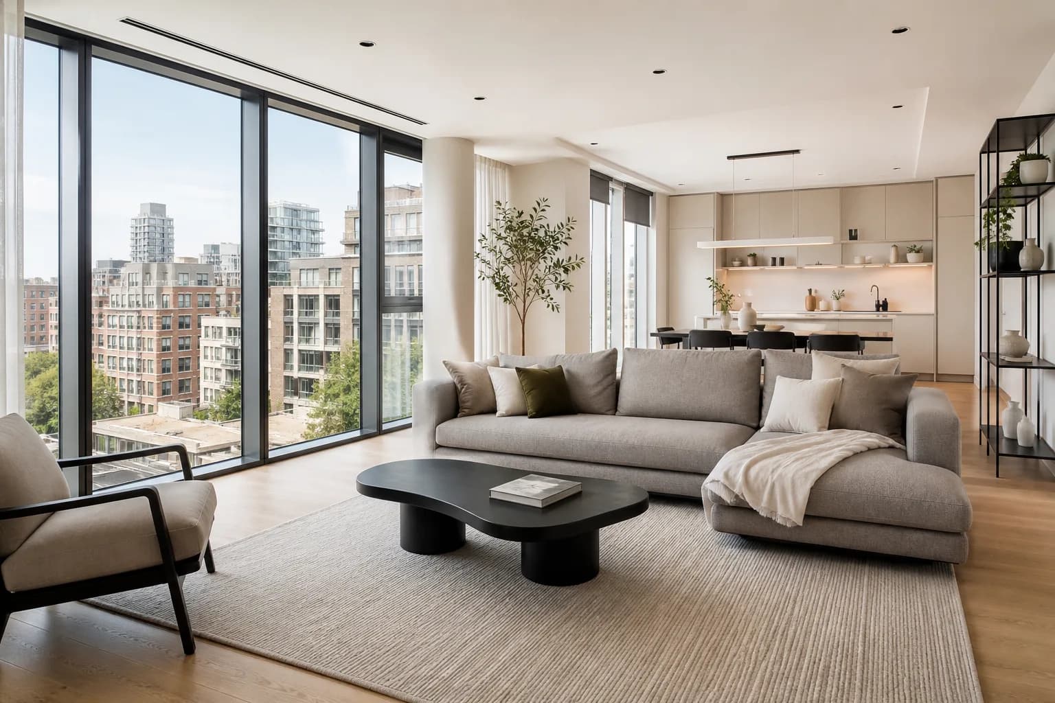 Bright modern open-plan living room with floor-to-ceiling windows — the kind of listing photography a connected property marketing platform helps deliver