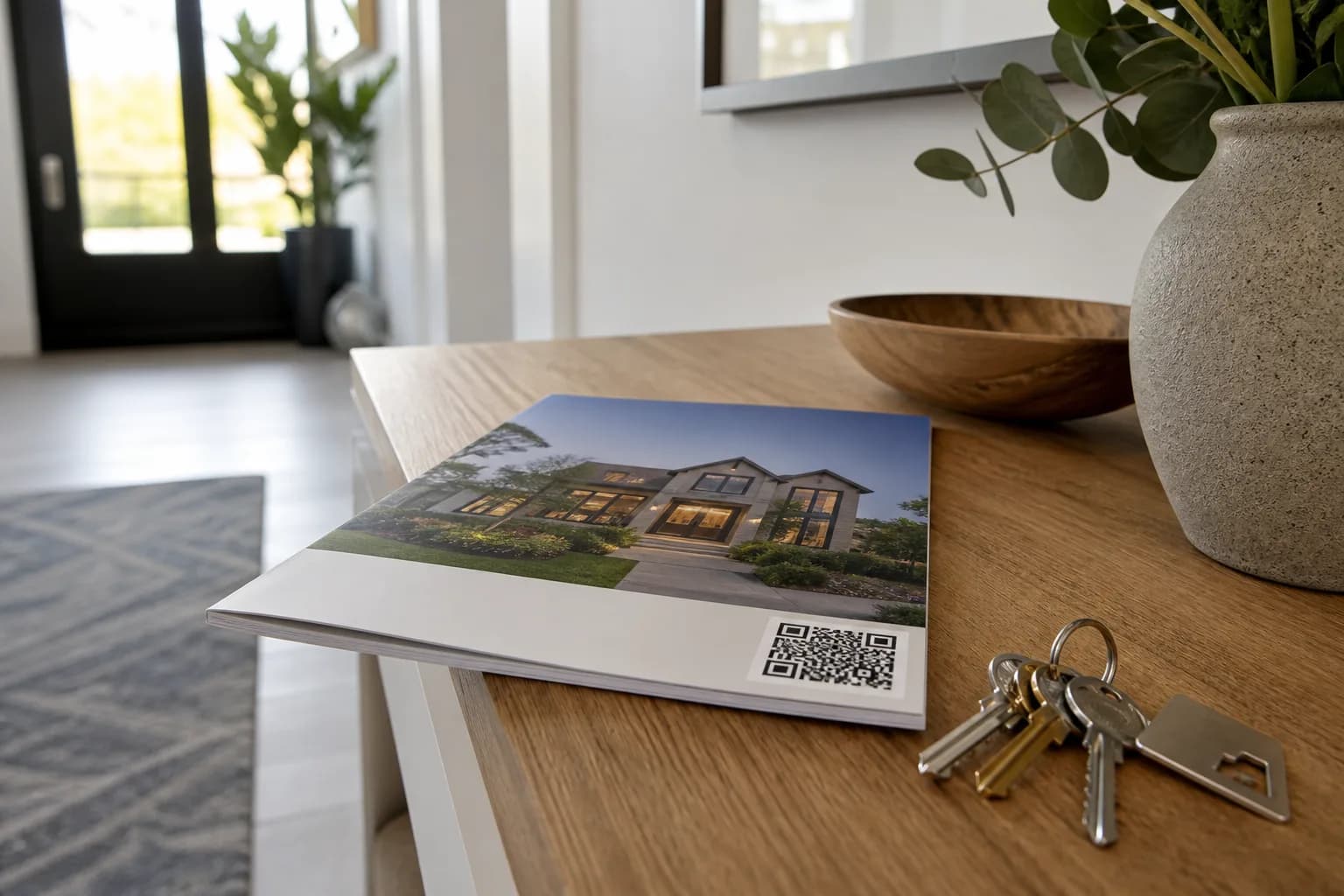 Property particulars brochure with a QR code beside keys on a console table in a bright hallway