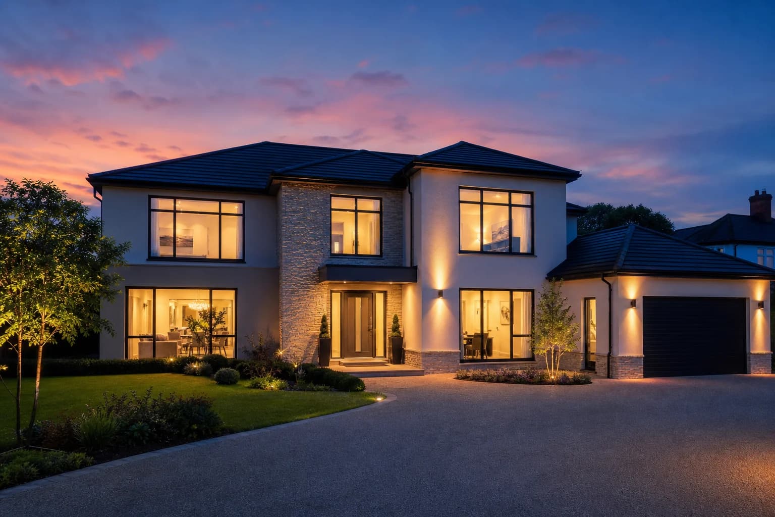 Luxury property exterior at twilight with warm glowing windows and a colourful evening sky