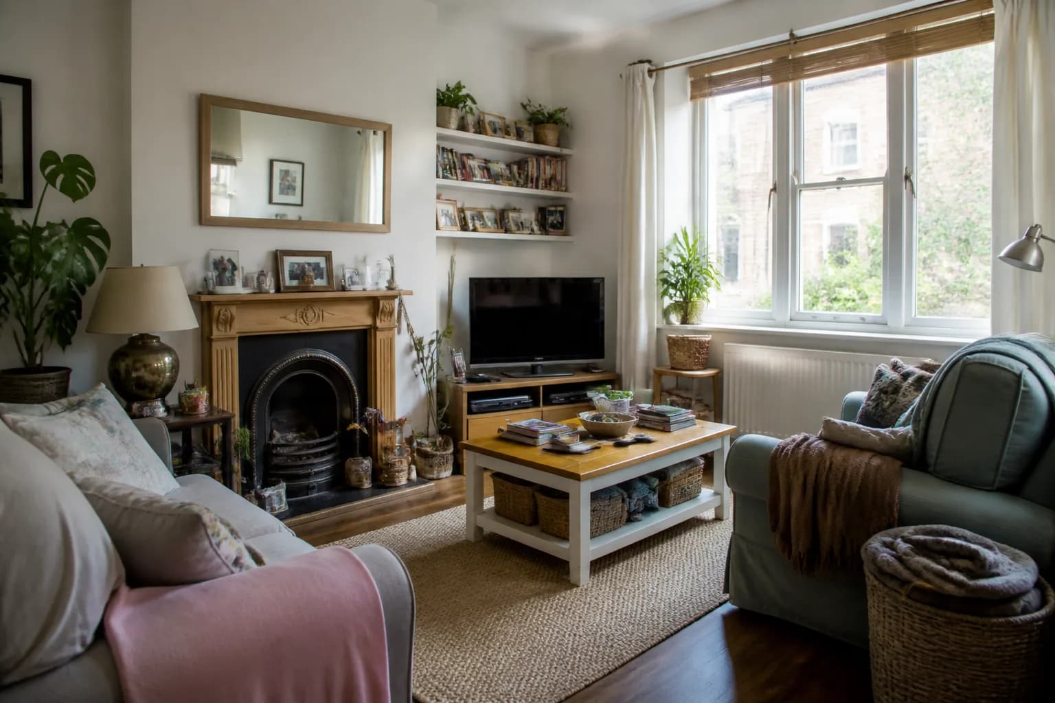 Lived-in sitting room tidied visually for listing photography, with personal clutter removed while architecture stays true
