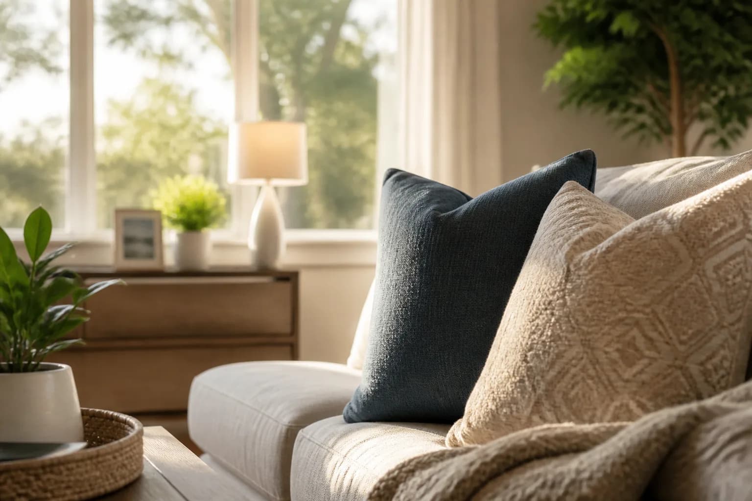 Close, inviting view of a sunlit living room detail that draws the eye in professional listing photography