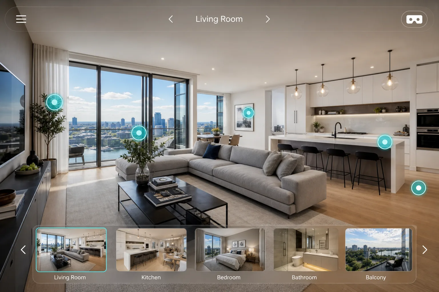 Interactive 360° virtual tour of a modern open-plan apartment with navigation hotspots and room thumbnails